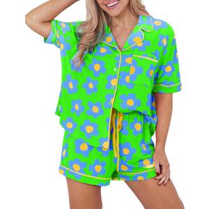 KevaMolly Womens Pajama Sets Flower Print Buttoned Drawstring Waist Lounge Set Short Sleeve Top and Shorts (M)