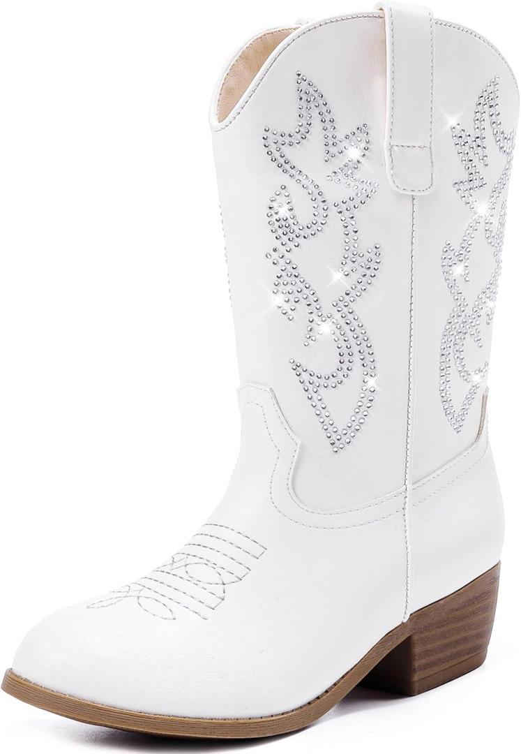 Cowboy Boots for Girls Pointed Toe Kids Cowgirl Boots Mid Calf Western Youth Cowgirl Boots Horse Riding Party for Toddler Little Big Kids 12  (White Rhinestone)