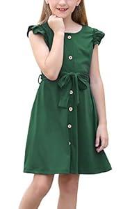 GORLYA Girl's Ruffle Trim Sleeve Button Down Floral Print Casual Vintage Midi Dress with Pockets for 4-12 Years Kids (GOR1022, 9-10Y, Green)