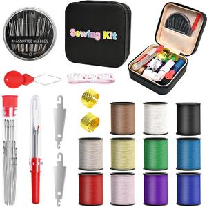 MASHDE 74 PCS Sewing Kit, Big Eye Steel Sewing Needles Kit with Storage Box, Include 55 Steel Needles for Hand Sewing, 11 Colored Threads, Tape Measure, Needle Threaders, Thimbles, Seam Rippers