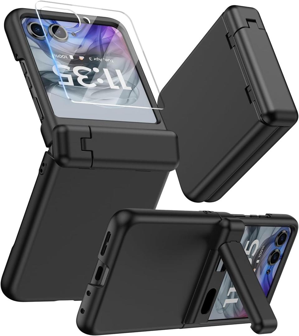 For Motorola Razr 2024/2025 Case with Stand, Built-in Outer Screen Protector & Hinge Protection, Slim Fit Hard Full Body Shockproof Phone Cover for Moto Razr 2024/2025, Black