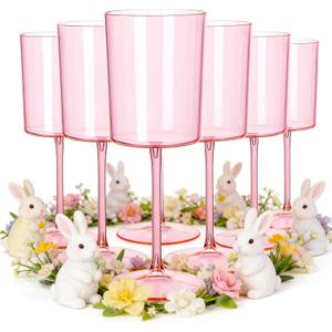 Ciaell 12 Pack Pink Plastic Wine Glasses - 10 Oz Disposable Wine Glasses with Stem for Parties & Weddings & Poolside & Outdoors & Camping & Easter