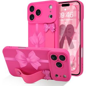 Designed for iPhone 17 Pro Max Case with Wrist Strap Elegant Bow Ribbon Design with Adjustable Wristband Shockproof Soft TPU Camera Protection Phone Cover for Women Girls - Hot Pink Bow