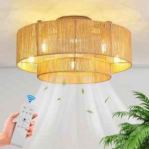 Boho Ceiling Fan with Light: 20 inch Low Profile Ceiling Fans with Remote Control, 5 Blades 6 Speeds DC Reversible E12 5 Light Flush Mount Rattan Ceiling Light Fixtures for Bedroom Kitchen