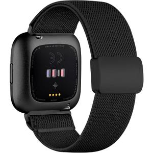 Stretchy Bands for Fitbit Versa - Magnetic Buckle Soft Nylon Smartwatch Band (Black)