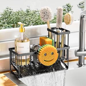 Cisily Sink Caddy With Smiley Face Sponge Holder, 304 Stainless Steel Rustproof(Black)