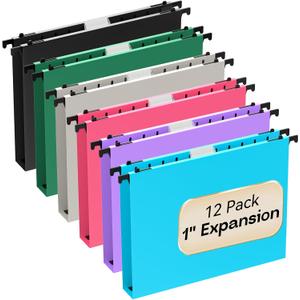 Plastic Heavy Duty Hanging File Folders Letter Size,1 Inch Expansion,12 Pack Reinforced Extra Capacity Hanging Folders,Durable File Cabinet Folders,for Bulky Hanging Files,Assorted Colors