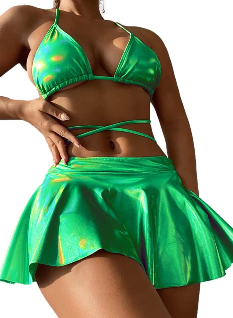 Rave Outfits for Women - Music Festival Metallic Bikini Sexy Halter Bathing Suit Holographic Beach Skirt (Large, Neon Green)