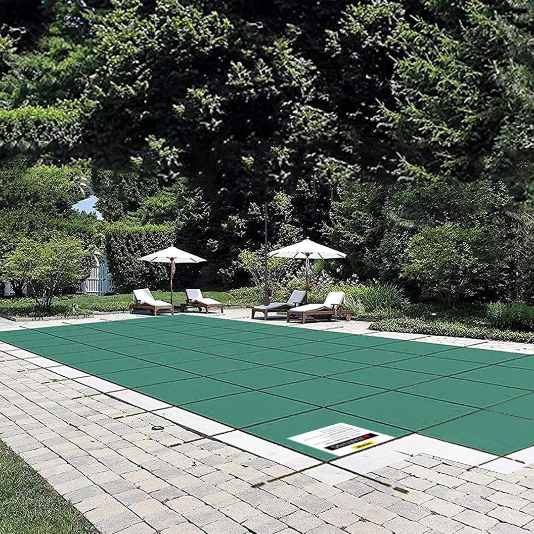 VEVOR Pool Safety Cover, Fits 16x32ft Rectangular Inground Winter Swimming Pools, with 4x8ft Center End Step, Triple Stitched, High Strength Mesh PP, Great Rain Permeability, Installation Hardware, Green 