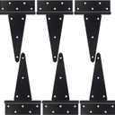 10 Inch T-Strap Gate Hinges, Heavy Duty Shed Door Hinges, Black Tee Hinges for Wooden Fences, Yard Gates, Rustproof Wrought Iron Hardware, 6 Pack