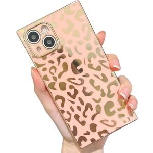 KERZZIL Elegant Compatible with iPhone 12 Rectangle Edge Case, Cute Luxury Leopard Pattern Plating Case Camera Protector Soft TPU Shockproof Protective Corner Back Cover(Pink)