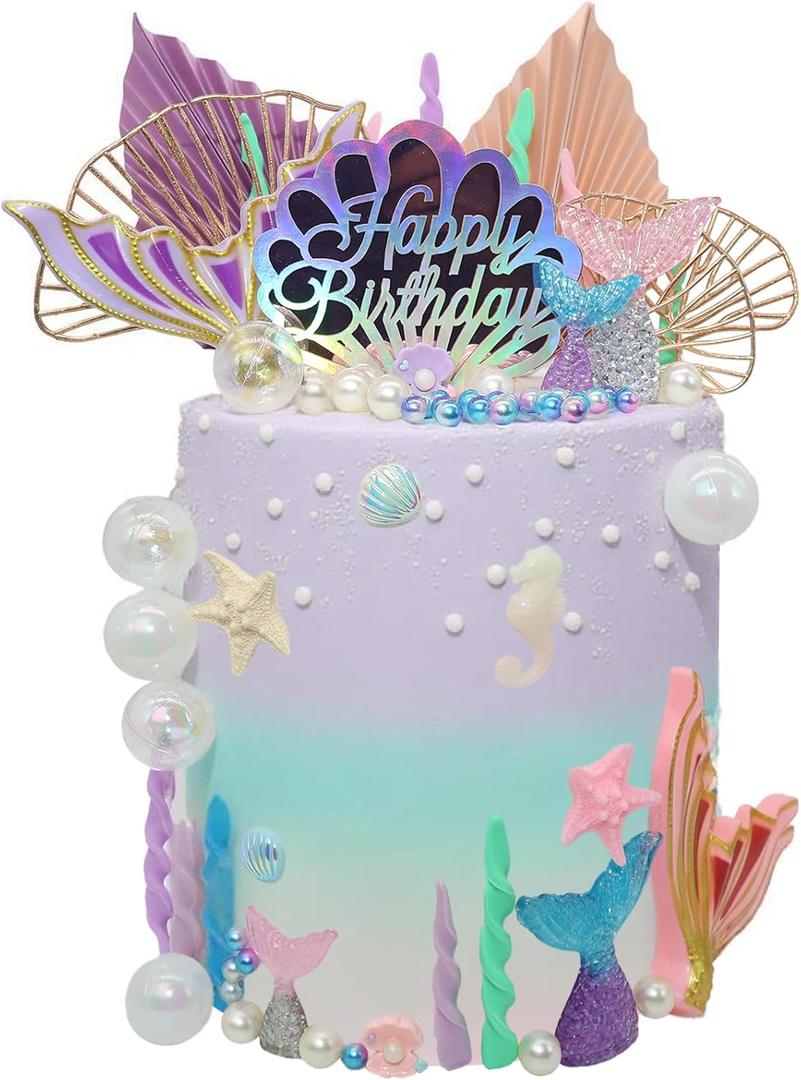 BiBo Mermaid Cake Topper Decorations, Tail Cupcake Toppers Under the Sea Cake Decor, Shells Seaweed Bubbles and Golden Leaves Happy Birthday Cake Set for Mermaid Theme Birthday Party.