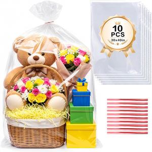 Extra Large Cellophane Gift Basket Bags 30x40 Inch, 2 Mil Thick OPP Wrapping Bags with Red Twist Ties, 10 Pack Clear Cellophane Bags for Large Gift Baskets, Holiday, Party, Event Packaging