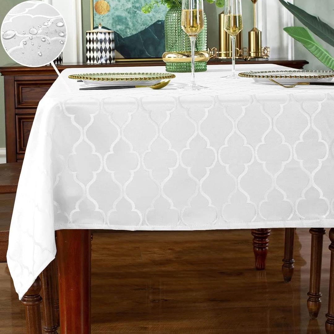SASTYBALE Jacquard Tablecloth Damask Pattern Table Cloth Spillproof Wrinkle Resistant Oil Proof Polyester Table Cover for Indoor and Outdoor Use (Rectangle/Oblong, 60" x 84" (6-8 Seats), White)