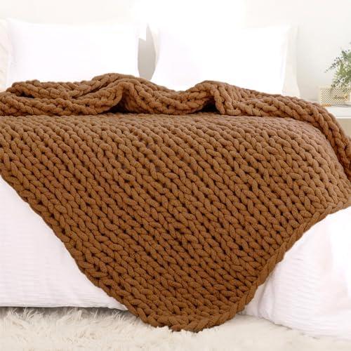 YAAPSU Chunky Knit Throw Blanket for Couch, 51"x63", 100% Hand Knitted Thick Cable Knit with Cozy Jumbo Chenille Yarn, Soft Large Rope Knot Crochet Blankets for Sofa Bed Living Room Décor, Caramel