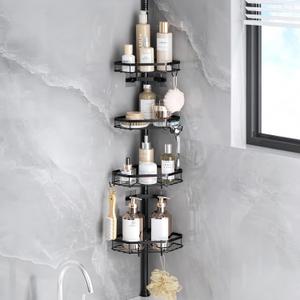 LAMU Corner Shower Caddy Tension Pole, Rust-resistant Shower Organizer, Strong Spring, 4 Adhesive Pads, Non-Slip Grid Base, Adjustable 4-Tier Basket, 8 Hooks, Fits Heights 19.7-113.8", Black