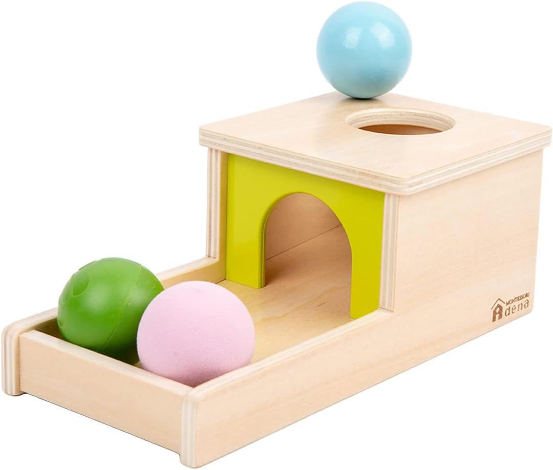 Adena Montessori Object Permanence Box with Tray Three Balls Montessori Toys for 6-12 Months Baby 1 Year Old Infant Toddler Typical, Medium, Small