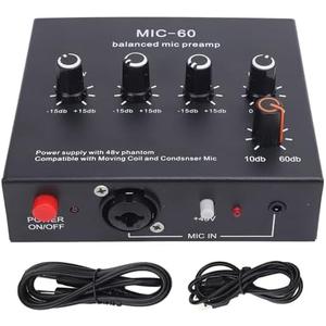 Denash Microphone Preamp, Mic Gain Booster, 48V Power XLR/6.35mm/3.5mm Input Output Dynamic and Condenser Mic Booster, Max 60dB Gain