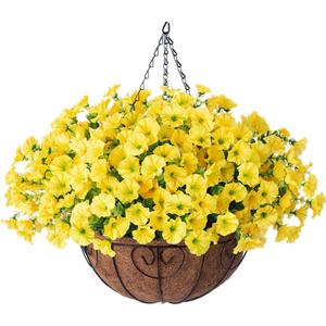 Artificial Fake Hanging Flowers Plants Baskets for Spring Outdoors Decor, Faux Silk Morning Glory in Planter UV Resistant Realistic Outside Flowers for Outdoor Porch Patio Balcony Yard Home, Yellow