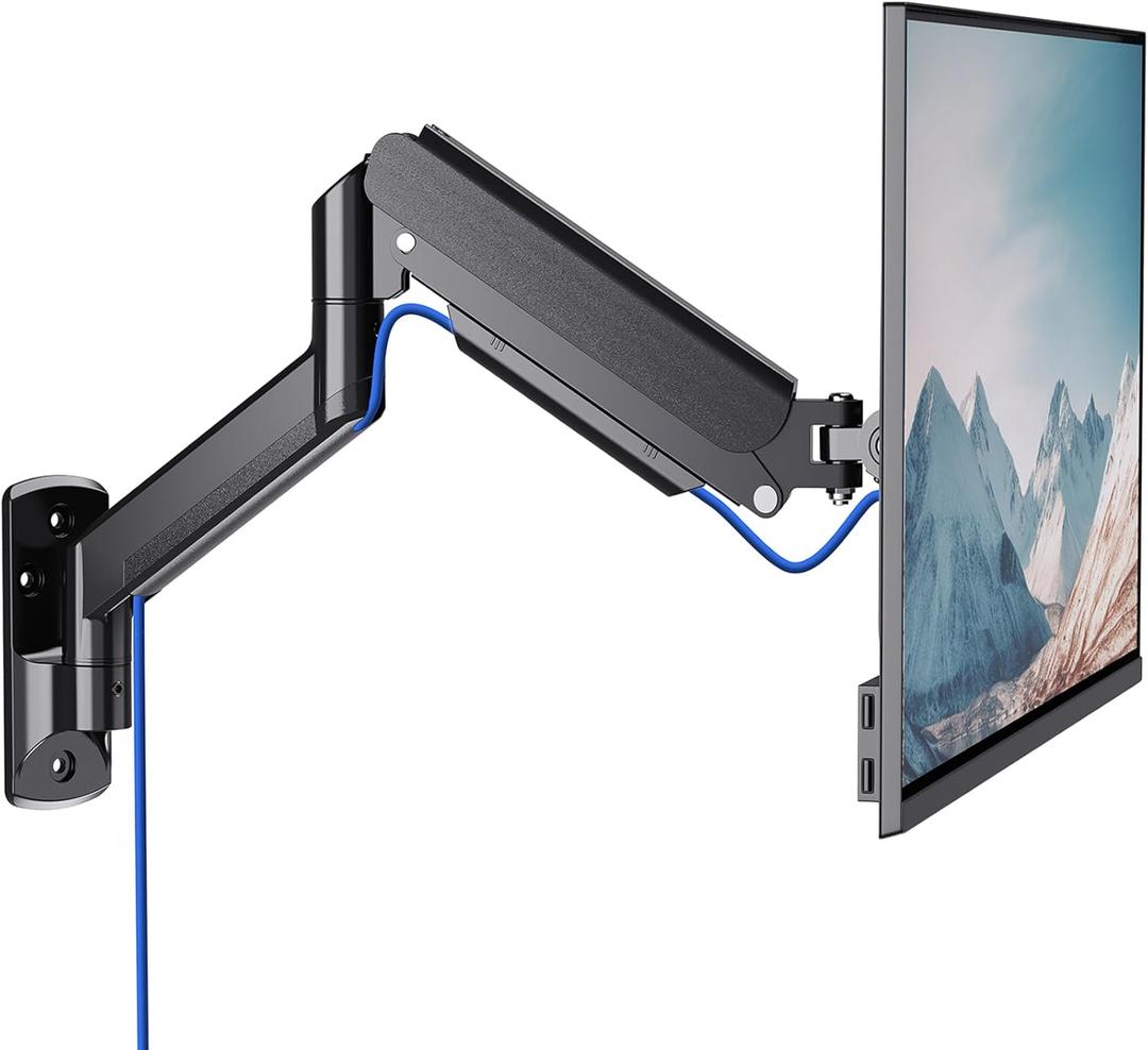 WALI Single Monitor Wall Mount, Gas Spring Monitor Arm for 1 Screen up to 32 inch, 22 lbs. Fully Adjustable Arm Max Extension 19.3 inch (GSWM001), Black