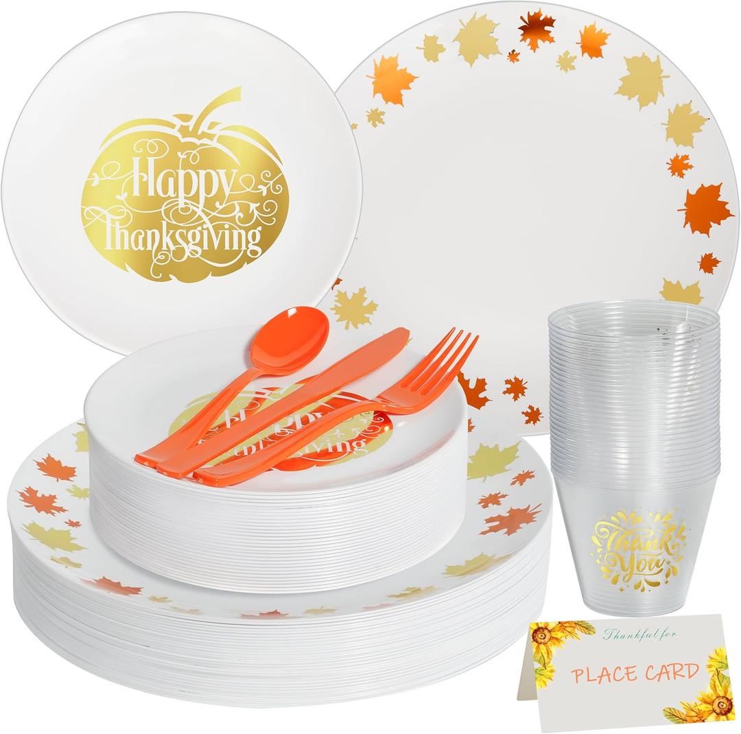 175pcs Thanksgiving Plastic Dinnerware for 25 Guests, 25 Fancy Thanksgiving Dinner Plate, 25 Gold Pumpkin Dessert Plates, 75 Orange Silverware, 25 Clear Cups and Cards