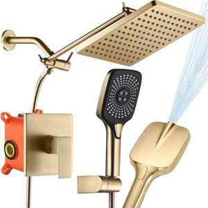 SUNZOE Shower Faucet Set Brushed Gold Rough-in Anti-Scald Pressure Balanced Valve Body Modern Luxury Wall Mounted 10 Inch Rain Mixer Shower System (Brushed Gold)