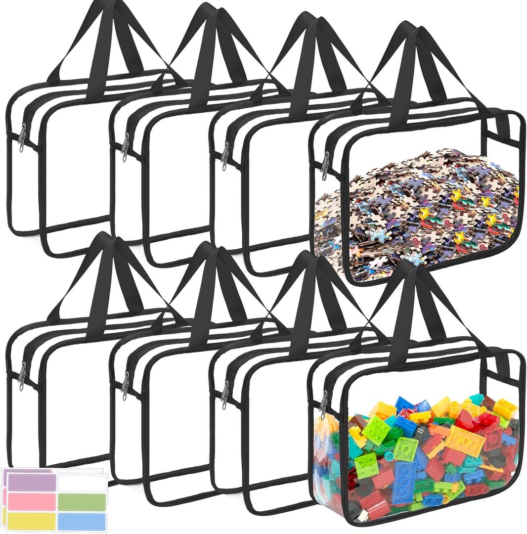8 Packs Large Toy Storage Bags with Zipper and Labels, Clear PVC Waterproof Toy Organizers Bags for Board Games, Puzzles Pieces, Building Blocks, Handmade Accessories, Kid Books (Black)