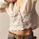 SHENHE Women's Deep V Neck Button Up Crochet Patchwork Long Sleeve Vintage Crop Blouse Top (S, Apricot)