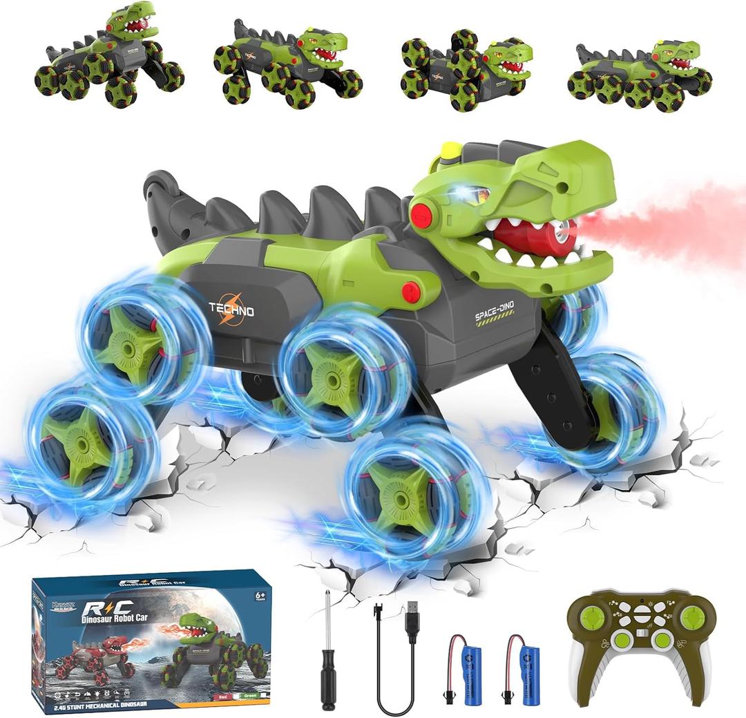 8 Wheels Dinosaur Transform RC Stunt Car - 2.4Ghz Remote Control Dinosaurs Monster Truck with Transforming & Spray & 360 Rotation, Dinosaur Toys for Kids 5-7 8-12, Boy Christmas Birthday Gift Age 4-6 (Green)