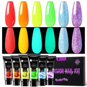 UR SUGAR Glow in The Dark Extension Gel Nail Set, 6 Colors Red Neon Orange Luminous Yellow Green Glitter Blue Purple Spring Summer Extension Nail Gel Kit Long Lasting Soak Off Gel Gift Box for Women