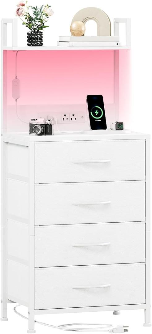 Somdot White Nightstand with Charging Station and LED Lights, Bedside Table Tall Night Stand with 4 Fabric Drawers and Top Shelf for Bedroom Guest Room Dorm Hallway