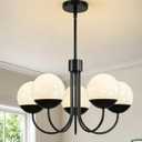 Epinl Modern Black Chandelier for Dining Room, 5 Light Globe Sputnik Chandelier, Mid Century Ceiling Light with White Glass Pendant Light Fixtures for Dining Room Kitchen Living Room Bedroom