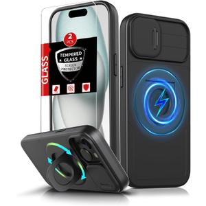 for iPhone 15 Case Magnetic Compatible with MagSafe Wireless Charging,with 2 Screen Protectors,Built-in Kickstand Ring,with Camera Cover Shock-Absorbent Shockproof Heavy Duty Protection Black