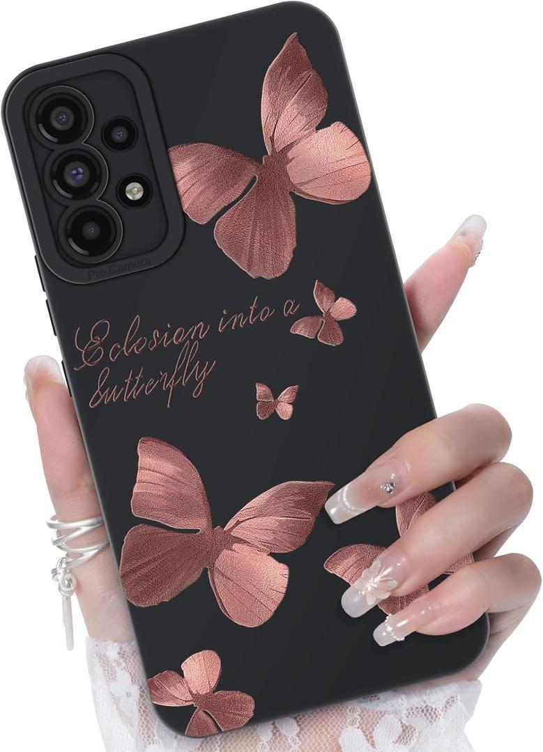 for Samsung Galaxy A53 5G Phone Case, Fashion Flower Pattern Design Girls Women Liquid Silicone Cover, Slim Shockproof and Scratch-Resistant Soft Case for Samsung A53 - Butterfly Black