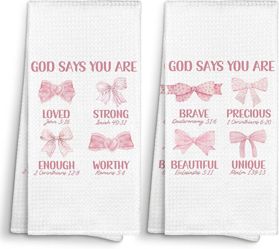 Pink Christian Bible Coquette Bow Kitchen Towels 16x24 Set of 2, God Says You are Loved Dish Towels Cloths Dishcloths Tea Towel for Teen Girls Dorm, Girls Nursery Bathroom Hand Towel Decor