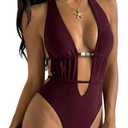 WDIRARA Women's Halter One Piece Swimsuit Beaded Deep V Neck Tie Backless Swimwear (Medium, Maroon)