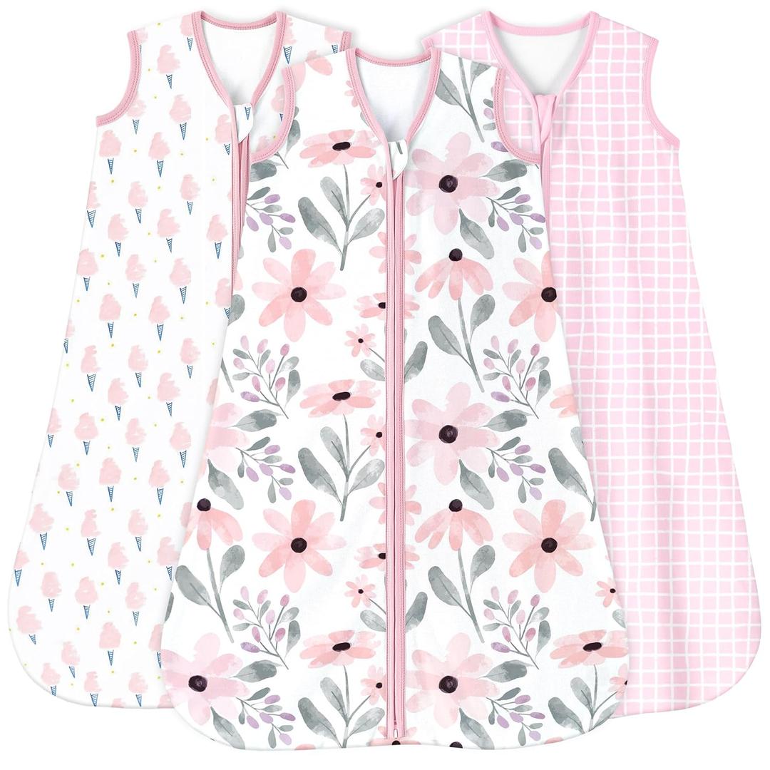 Yoofoss Baby Sleep Sack 12-18 Months 0.5 Tog Wearable Blanket for Baby, 3 Pack 100% Organic Cotton Infant Toddler Sleeping Sack 2-Way Zipper Lightweight Sleep Sack (Pink Floral)