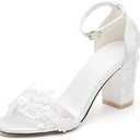 Women's Bridal Shoes Open Toe Mid Block Heel Lace Satin Ankle Strap Comfortable Wedding Dress Pump Sandals Size 40
