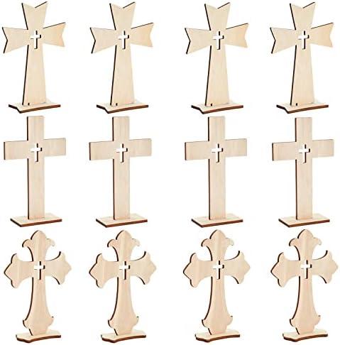Bright Creations Wooden Crosses for Crafts - 12-Pack, 3 Sizes & Light Brown Unfinished Wood - DIY Blank Crosses with Stands - for Baptism Favors & Table Centerpieces