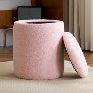 YFO Round Ottoman with Removable Lid Upholstered, Multifunctional Vanity Chairs for Makeup, Soft Footrest Stool Ottoman Foot Stool for Living Room, Bedroom, Boucle, Pink