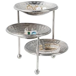 MyGift 3 Tier Jewelry Dish Organizer, 4 Inch Hammered Silver Metal Dishes and Stand, Decorative Ring Tray Jewelry Holder Display Tower for Earrings Necklace Bracelet - Handcrafted in India