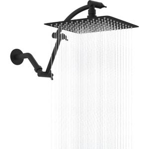 Hibbent All Metal Rain Shower Head, 10'' High Pressure Rainfall Showerhead with 16" Shower Head Extension Arm, Solid Brass Adjustable Shower Arm Extender, Waterfall fixed Showerheads, Matte Black