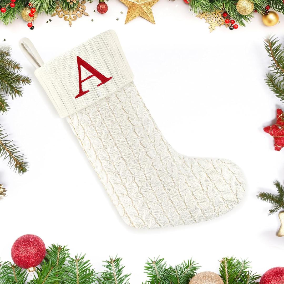 Paulmele 20 Inches Christmas Stockings with Initials,Knit Embroidered Letter White Christmas Stocking,Monogram Christmas Stocking for Famliy Holiday and Xmas Tree Fireplace (Letter-A)