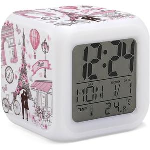 Romantic Paris Eiffel Tower Alarm Clock for Kids Boy Girl 7 LED Color Changing Wake Up Clock Home Decor Bedroom Digital with Temperature Display