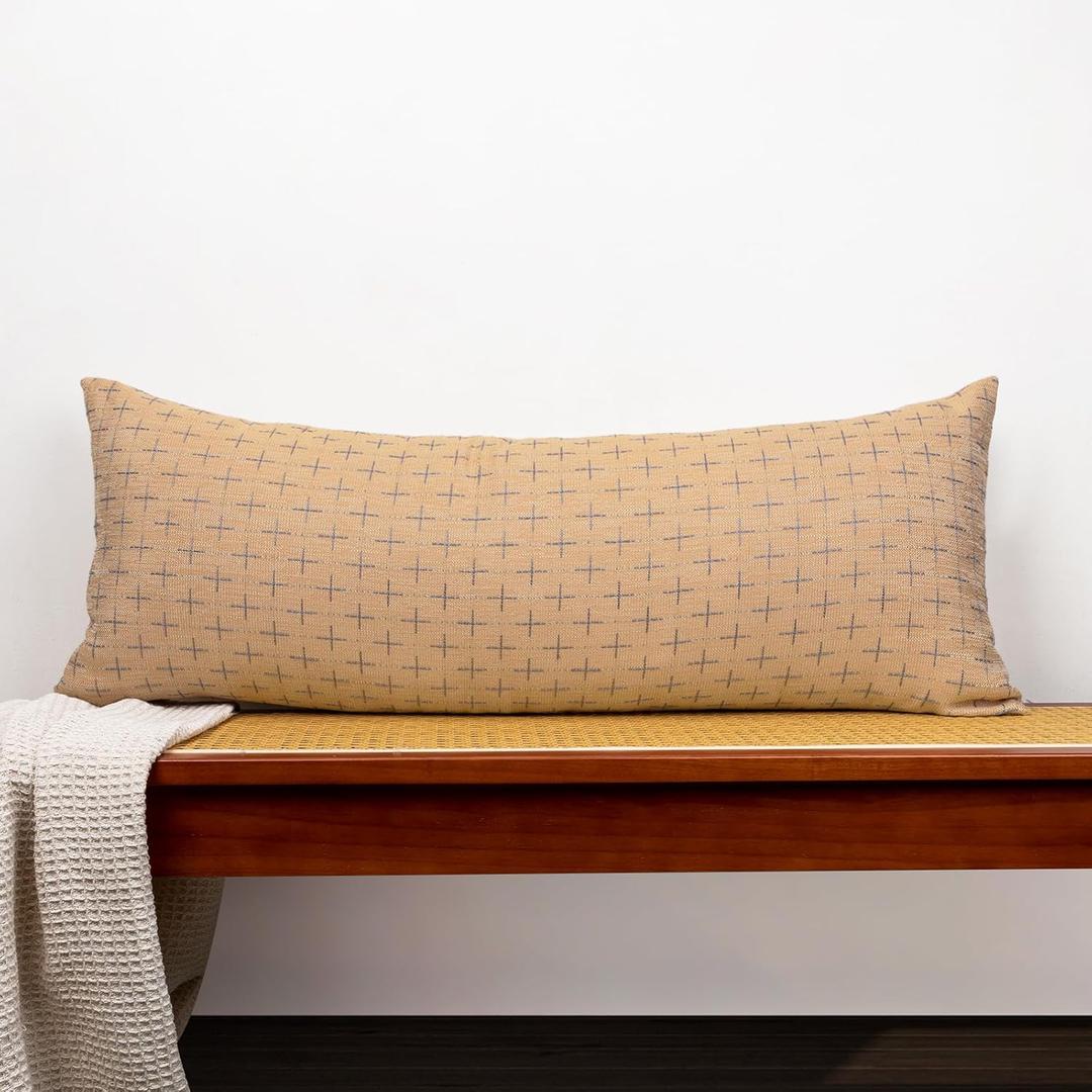 Decorative 14x36 Lumbar Pillow Cover, Khaki Cross Pattern Woven Textured Cushion Case Polyester Cozy Modern Farmhouse Vintage Pillowcase for Couch Sofa Bed Living Room, ONLY 1 Cover