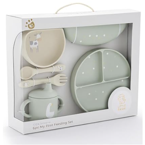 Little Rawr Baby Led Weaning Bundle, 100% Silicone Baby Feeding Set Includes Divided Plate, Suction Bowl, Straw Cup, Bib, Spoon & Fork, Develops Self Feeding Skills, Dishwasher Safe (Green)