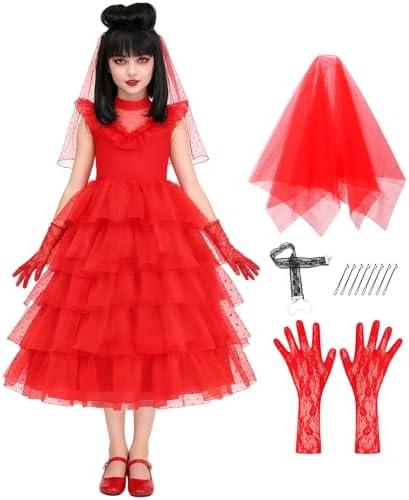 IBQ Kids Red Wedding Dress Girls Halloween Costuems Toddler Horror Comedy Character Bride Cosplay Outfit with Veil Gloves Size 160