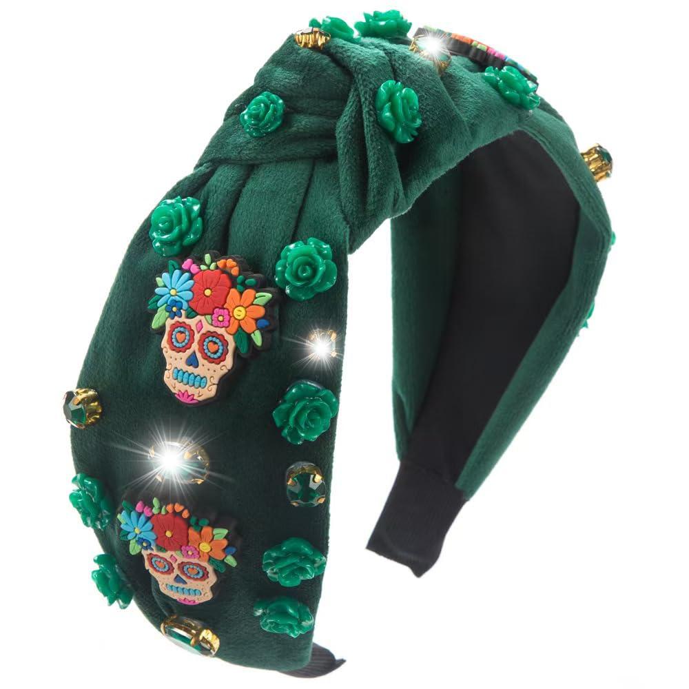 Halloween Sugar Skull Headbands for Women Day of the Dead Skull Flower Green Headband Festival Rhinestone Knotted Twist Wide Headband Hair Accessory Gifts (dead-green