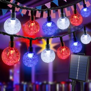 Joomer 4th of July Red White Blue Solar String Lights,39FT 60LED Waterproof with 8 Lighting Modes Patio Lights for Independence Day Garden Yard Gazebo Party