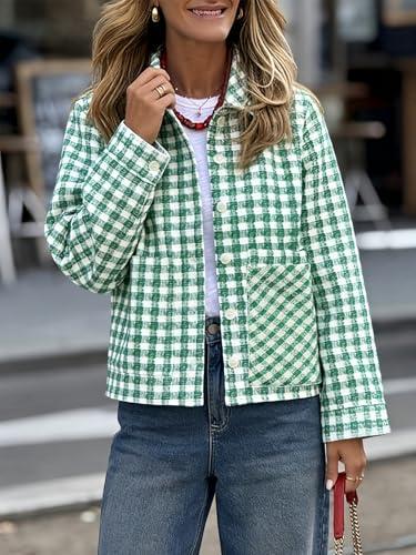 Women's Green Checkered Button Front Jacket - Loose Fit Long Sleeve Casual Outerwear (Green, XX-Large)